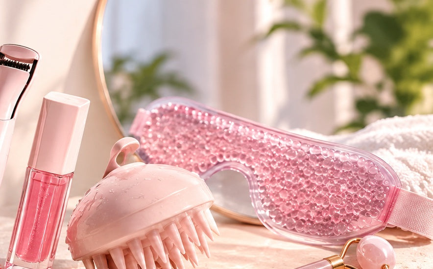 Beauty tools arranged on a blush surface with botanical shadows and water reflections